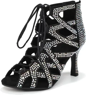 YKXLM Latin Dance Boots Salsa Bachata Ankle Open Toe Rhinestone Practice Performance Dancer Shoes Women