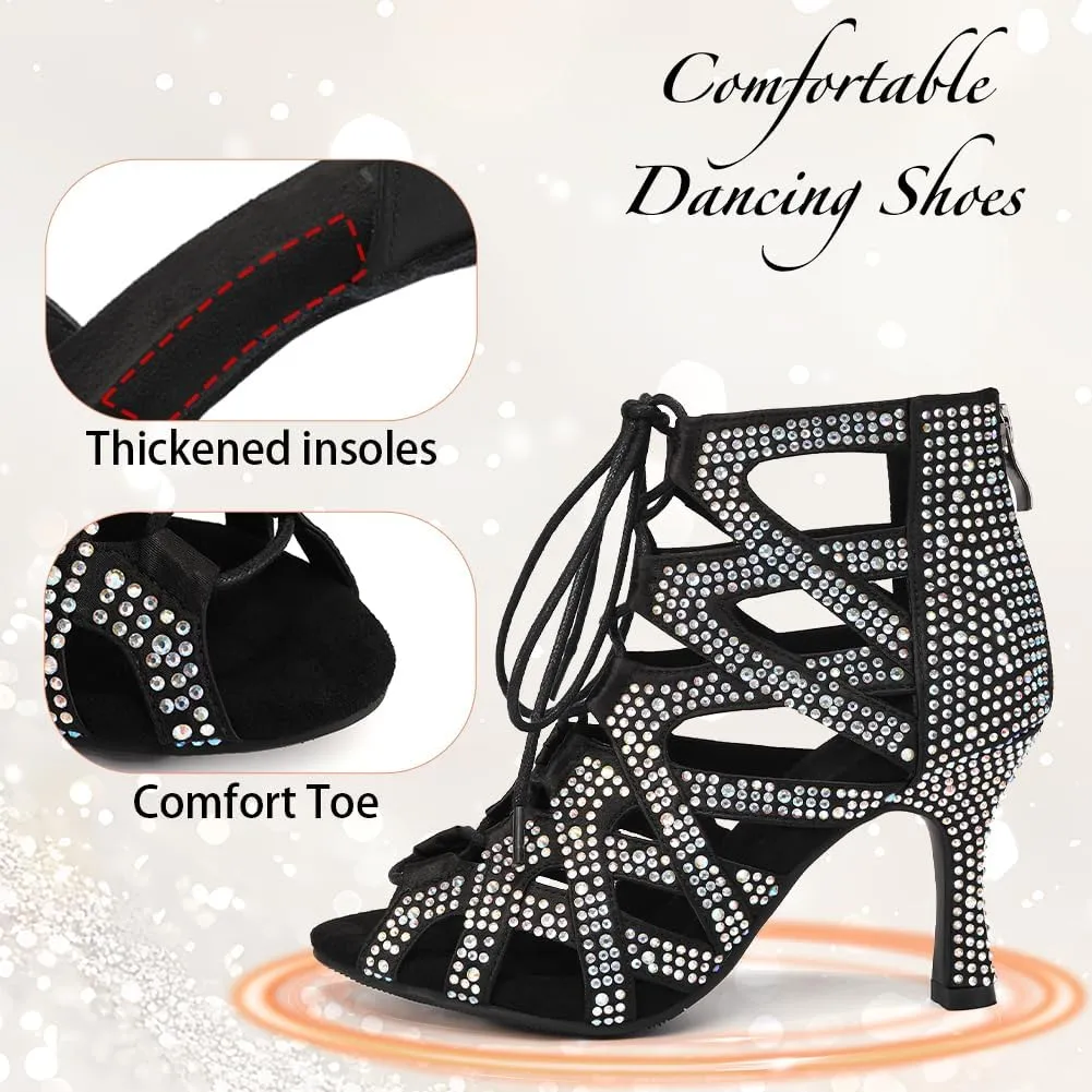YKXLM Latin Dance Boots Salsa Bachata Ankle Open Toe Rhinestone Practice Performance Dancer Shoes Women