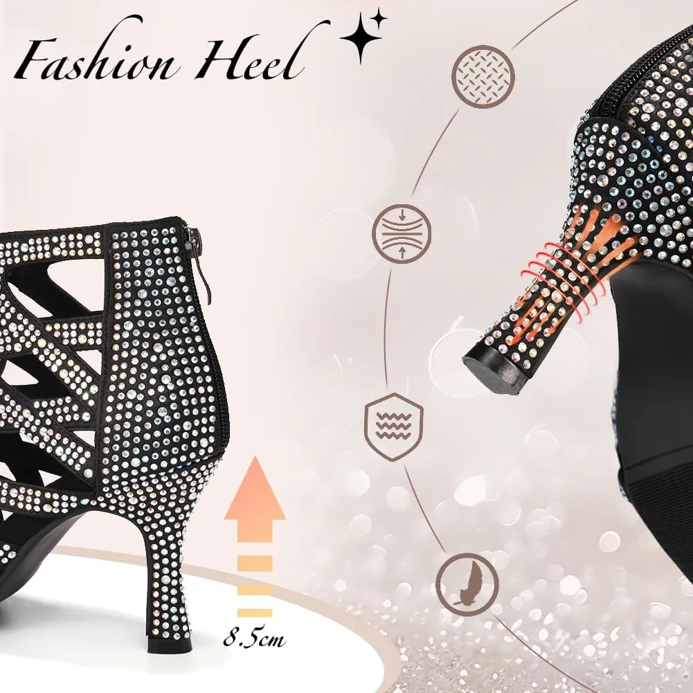 YKXLM Latin Dance Boots Salsa Bachata Ankle Open Toe Rhinestone Practice Performance Dancer Shoes Women