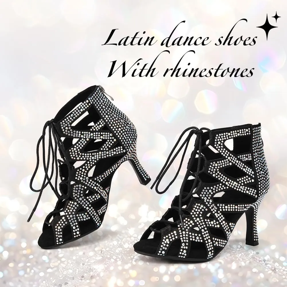YKXLM Latin Dance Boots Salsa Bachata Ankle Open Toe Rhinestone Practice Performance Dancer Shoes Women