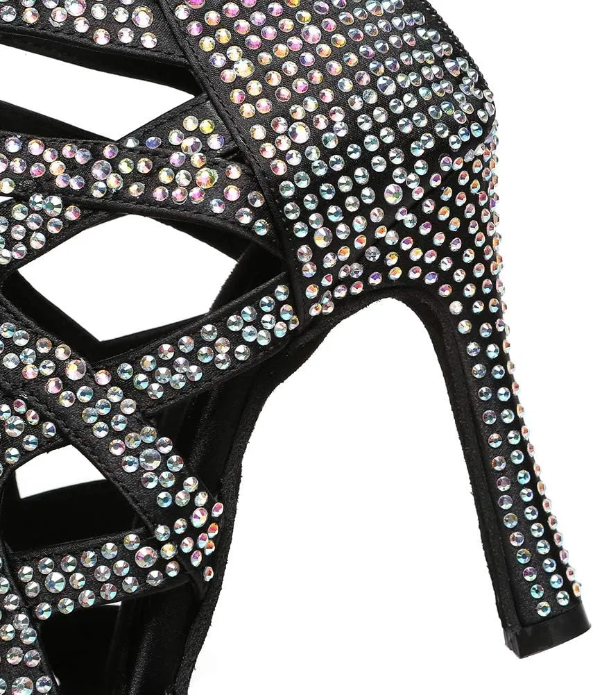 YKXLM Latin Dance Boots Salsa Bachata Ankle Open Toe Rhinestone Practice Performance Dancer Shoes Women