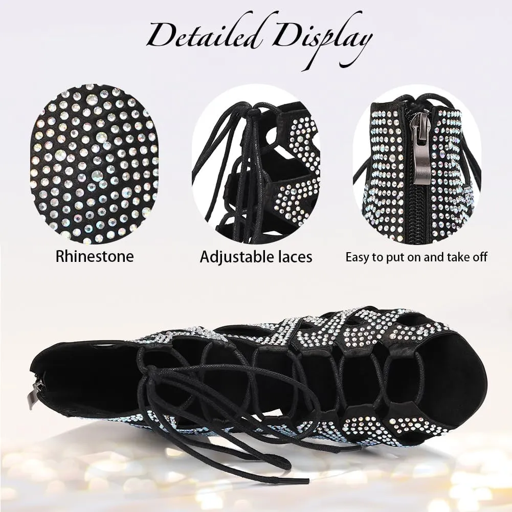 YKXLM Latin Dance Boots Salsa Bachata Ankle Open Toe Rhinestone Practice Performance Dancer Shoes Women