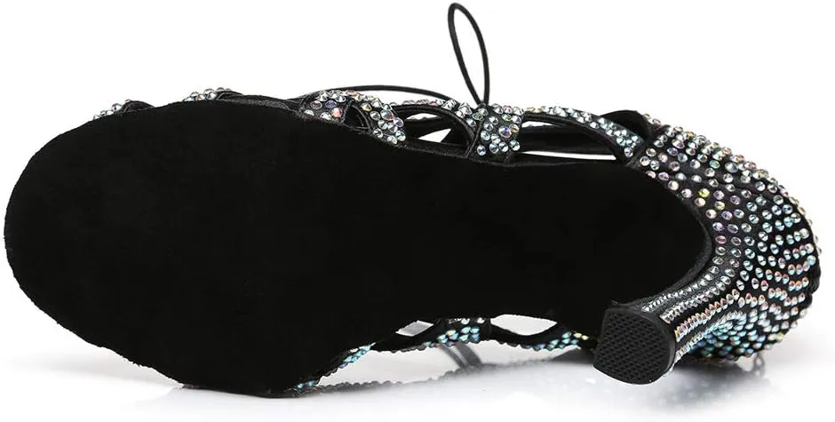 YKXLM Latin Dance Boots Salsa Bachata Ankle Open Toe Rhinestone Practice Performance Dancer Shoes Women