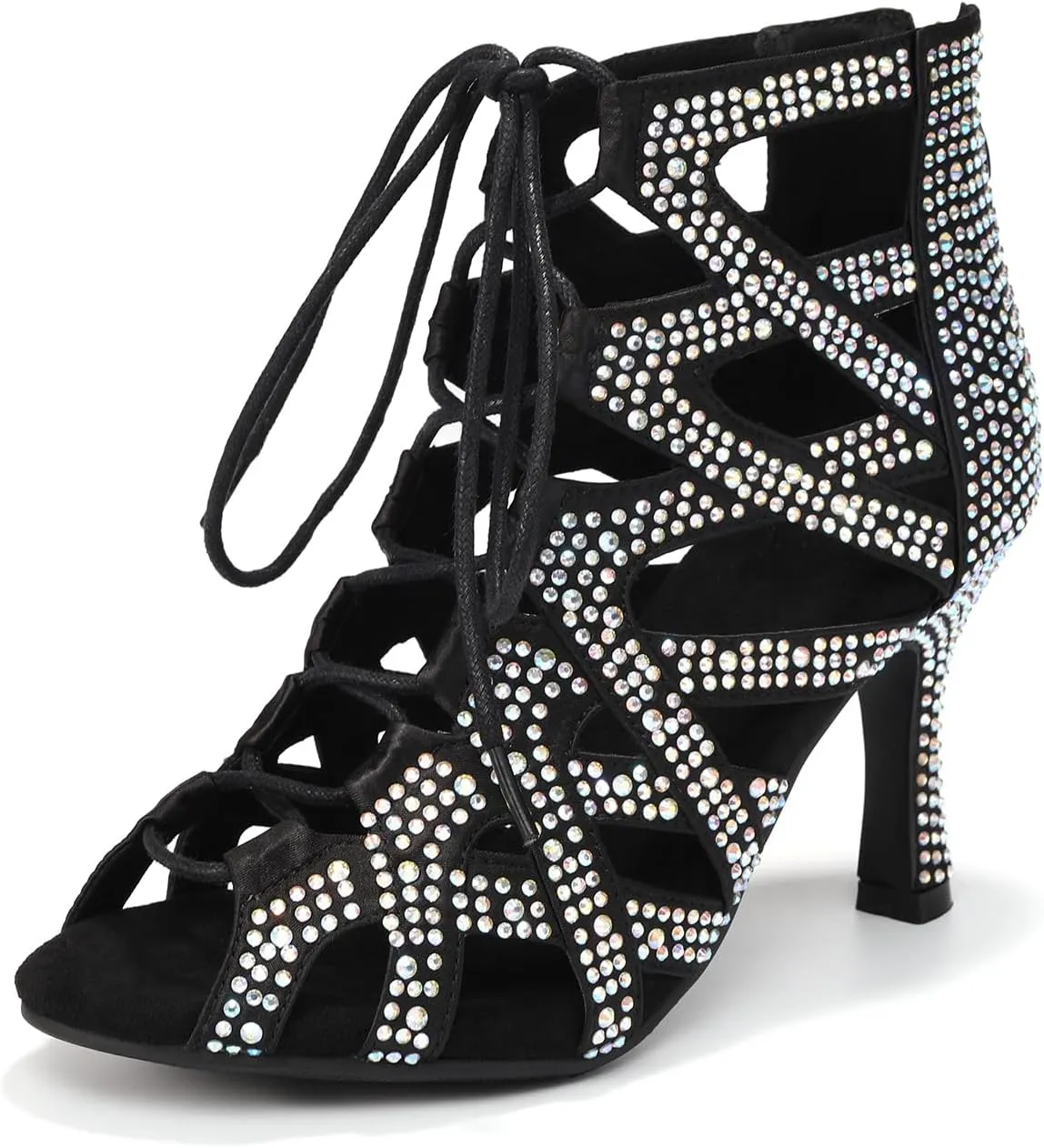 YKXLM Latin Dance Boots Salsa Bachata Ankle Open Toe Rhinestone Practice Performance Dancer Shoes Women
