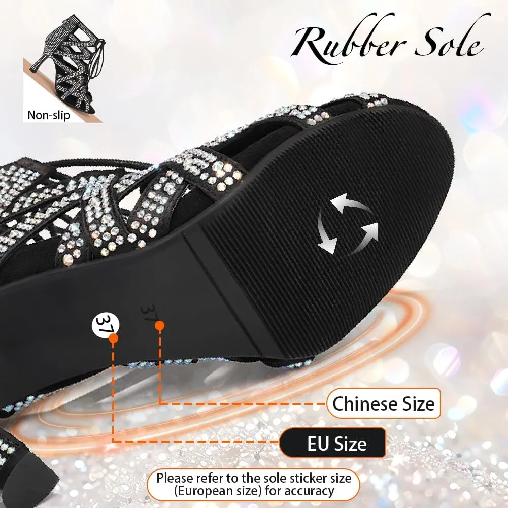 YKXLM Latin Dance Boots Salsa Bachata Ankle Open Toe Rhinestone Practice Performance Dancer Shoes Women