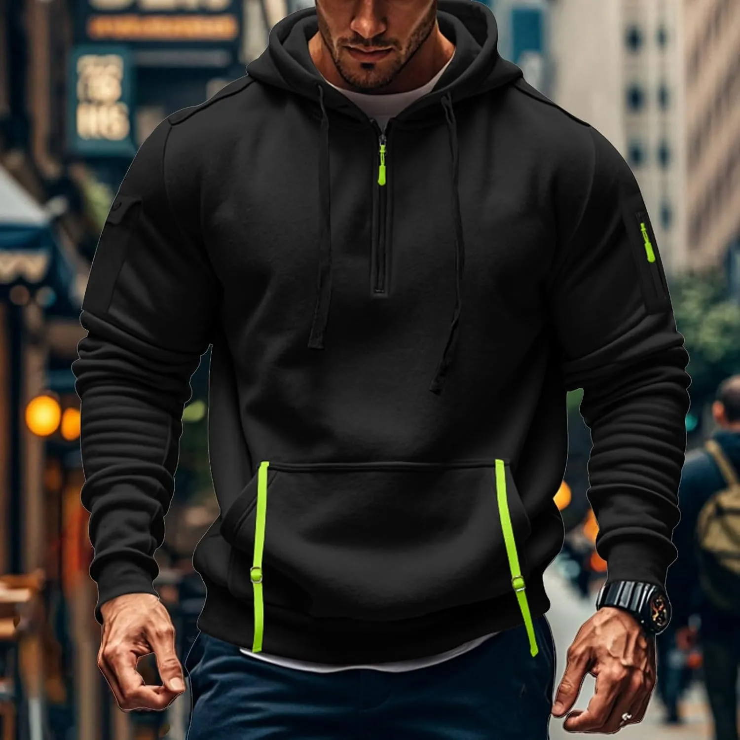 Ymosrh Mens Tactical Cargo Hoodie Athletic Work Hooded Sweatshirt Pullover Hoodies with Zipper Pockets Winter Sweatshirts