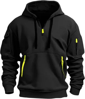 Ymosrh Mens Tactical Cargo Hoodie Athletic Work Hooded Sweatshirt Pullover Hoodies with Zipper Pockets Winter Sweatshirts