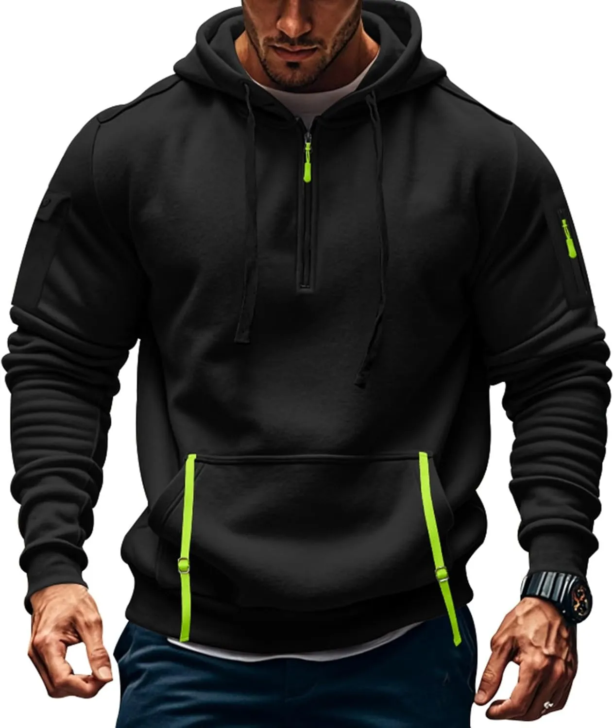 Ymosrh Mens Tactical Cargo Hoodie Athletic Work Hooded Sweatshirt Pullover Hoodies with Zipper Pockets Winter Sweatshirts