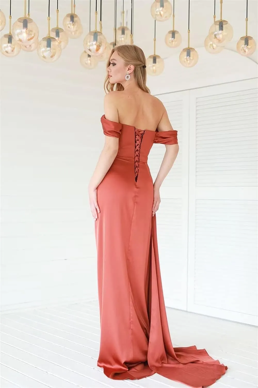 YRGERATON Mermaid Stain Prom Dresses Off Shoulder Ruched Empire Waist Evening Party Princess Ball Gowns with Slit