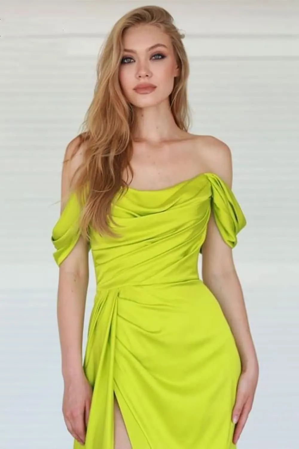 YRGERATON Mermaid Stain Prom Dresses Off Shoulder Ruched Empire Waist Evening Party Princess Ball Gowns with Slit