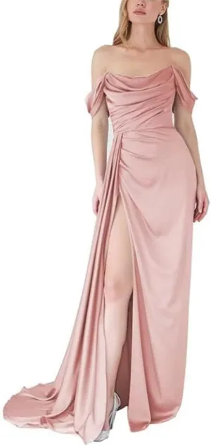 YRGERATON Mermaid Stain Prom Dresses Off Shoulder Ruched Empire Waist Evening Party Princess Ball Gowns with Slit