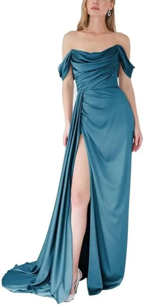 YRGERATON Mermaid Stain Prom Dresses Off Shoulder Ruched Empire Waist Evening Party Princess Ball Gowns with Slit