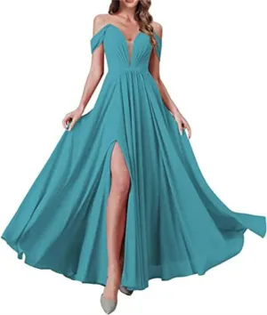 YRGERATON Off The Shoulder Wedding Bridesmaid Dresses Chiffon Formal Evening Prom Gown with Slit Pockets