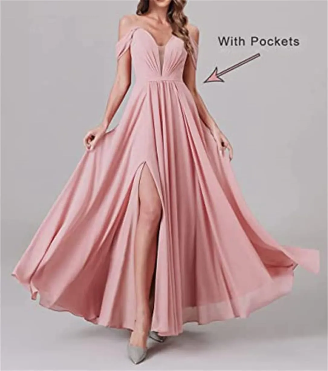 YRGERATON Off The Shoulder Wedding Bridesmaid Dresses Chiffon Formal Evening Prom Gown with Slit Pockets
