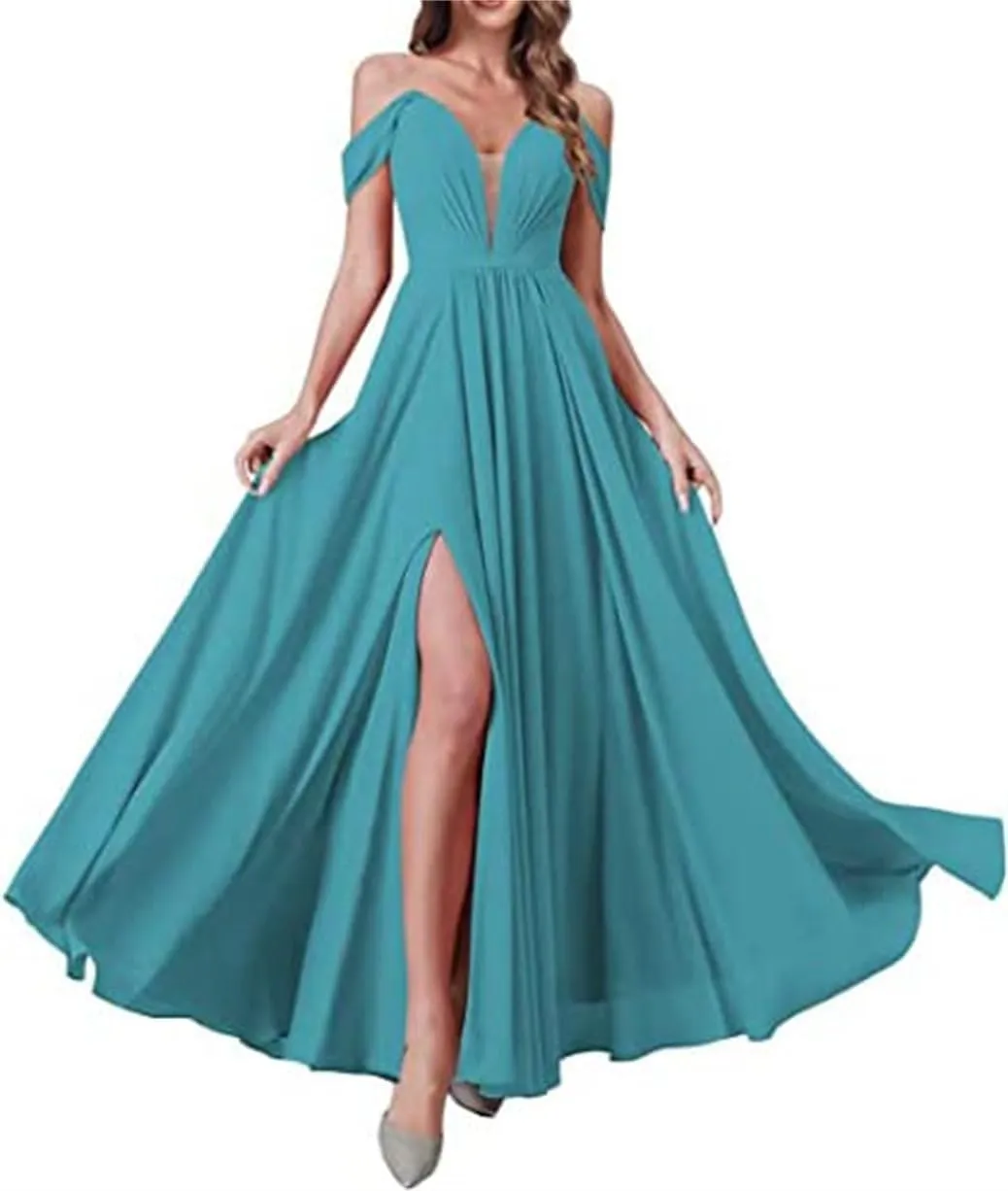 YRGERATON Off The Shoulder Wedding Bridesmaid Dresses Chiffon Formal Evening Prom Gown with Slit Pockets