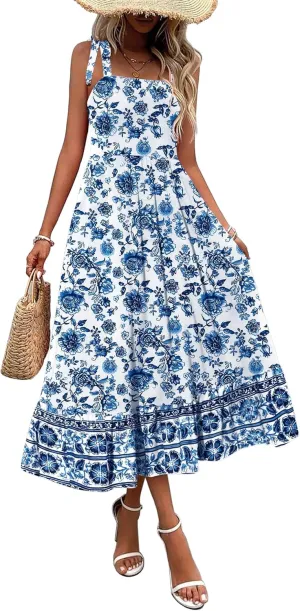 Zeagoo Women Summer Maxi Dress with Pockets 2025 Spaghetti Strap Sundress Casual Flowy Boho Dress Floral Tiered Beach Dress