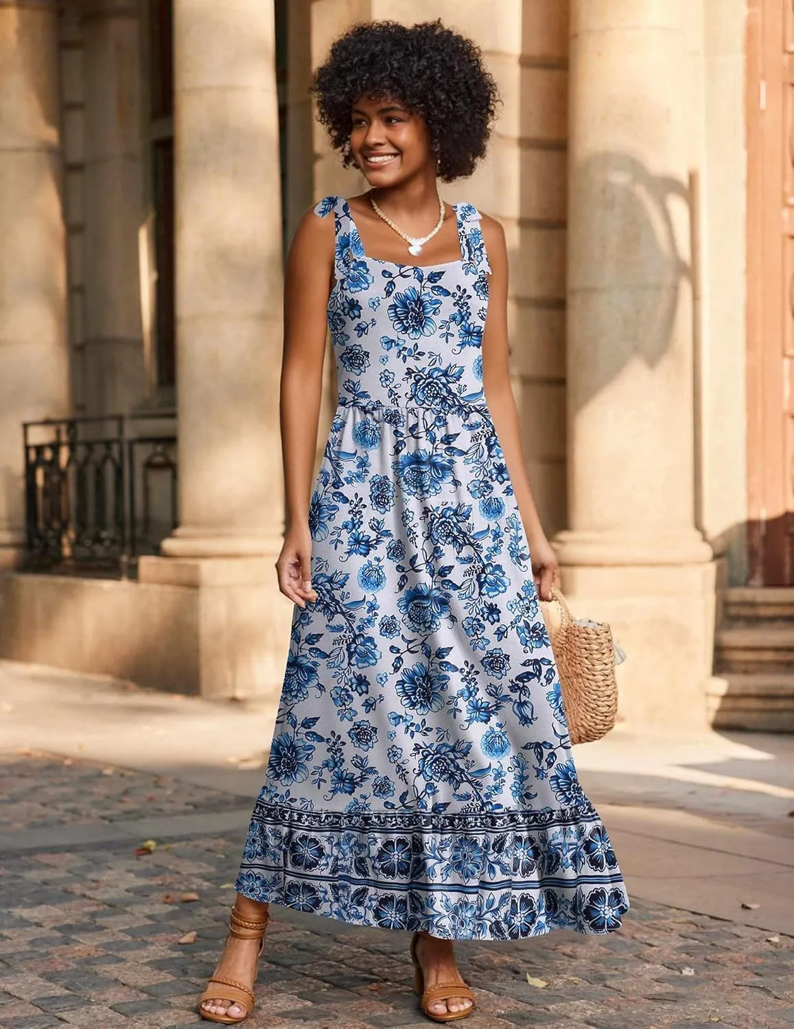 Zeagoo Women Summer Maxi Dress with Pockets 2025 Spaghetti Strap Sundress Casual Flowy Boho Dress Floral Tiered Beach Dress
