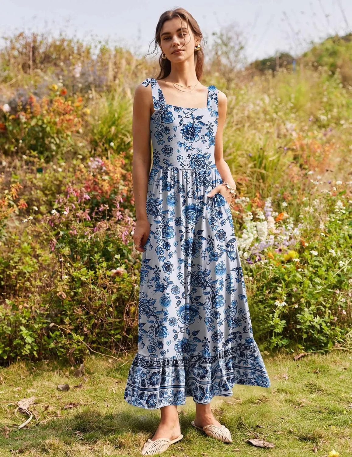 Zeagoo Women Summer Maxi Dress with Pockets 2025 Spaghetti Strap Sundress Casual Flowy Boho Dress Floral Tiered Beach Dress