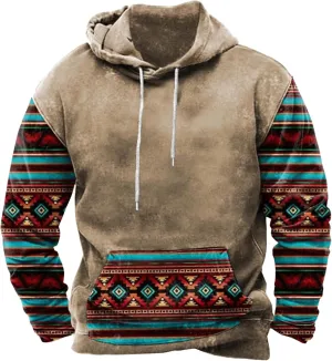 Zeiyignr Men's Western Aztec Sweatshirts, Ethnic Print Graphic Patchwork Hoodies Slim Casual Pullover Tops with Drawstring