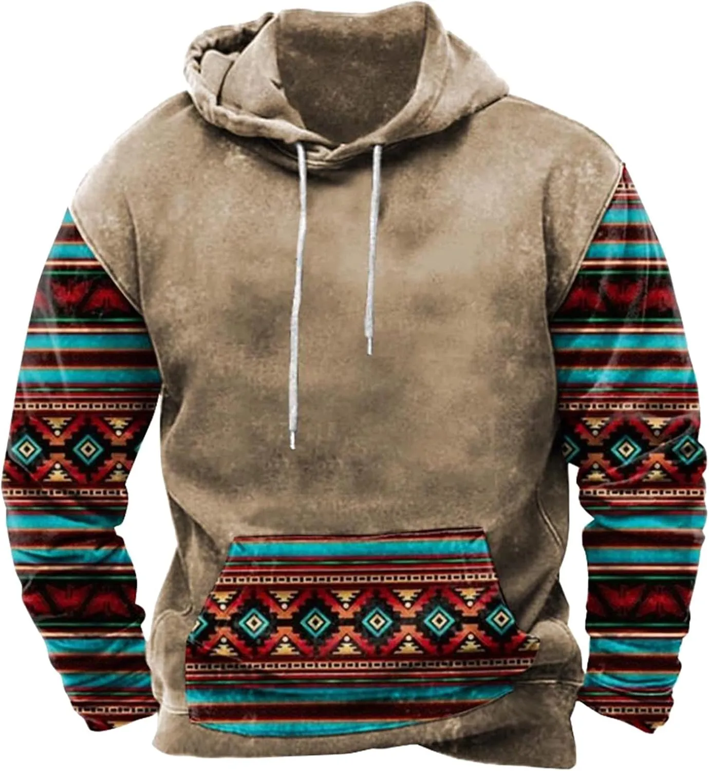Zeiyignr Men's Western Aztec Sweatshirts, Ethnic Print Graphic Patchwork Hoodies Slim Casual Pullover Tops with Drawstring